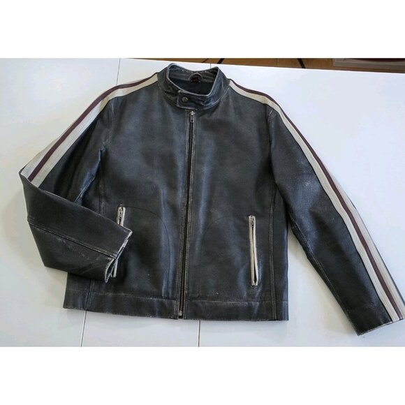 Danier Leather Jacket Men M Gray Biker Zip Striped LS Pockets Textured Rigid VTG - Picture 9 of 16